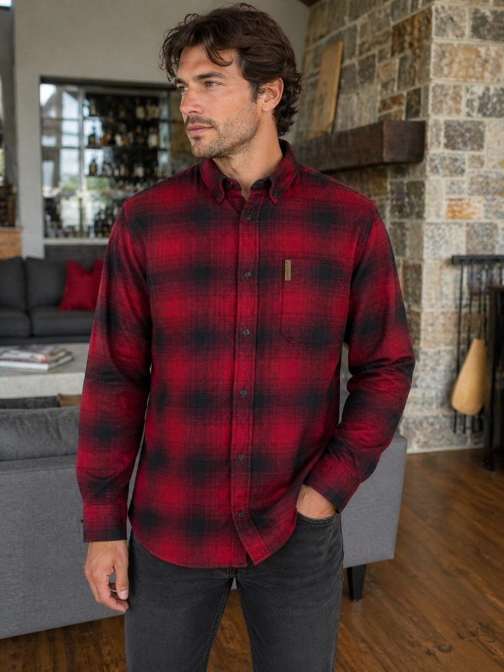 Chaps Flannel Red Black Plaid Large Tall Button Down Shirt cotton stretch - Picture 1 of 14